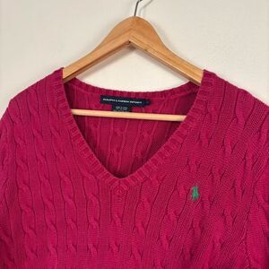 Polo Ralph Lauren Sport Women's Large Pink Cable Knit V-Neck Sweater 100% Cotton